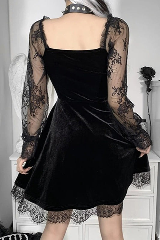 Dark Gothic Solid Color Bandeau Long - sleeved Lace - stitched Mini Dress