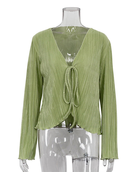 Slim Fit Flared Long Sleeve Pleated Shirt