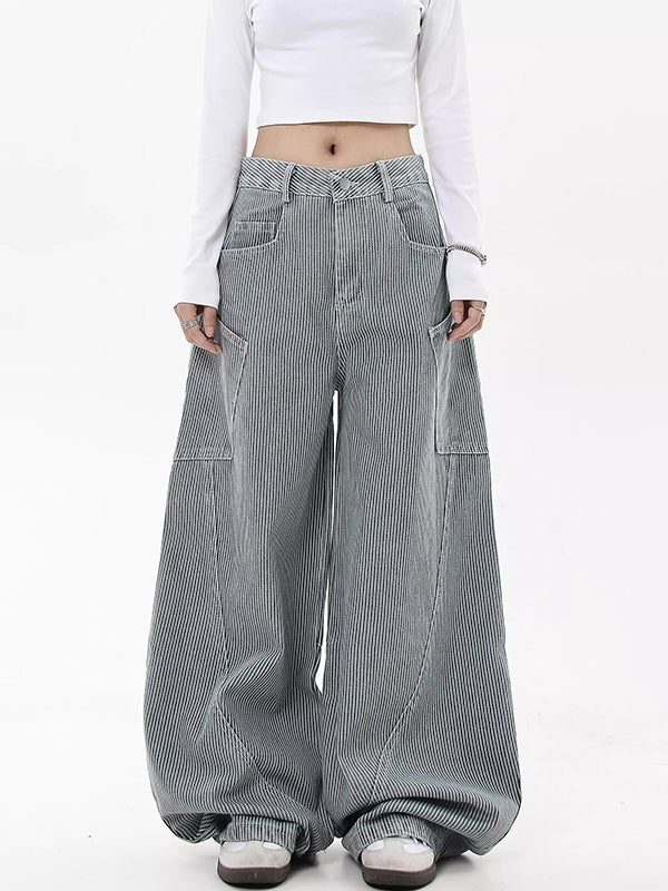 American Retro Striped Scimitar Banana Boyfriend Jeans