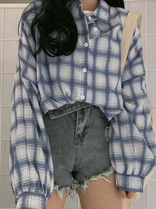 Checkered Puff Sleeve Button Blouse
