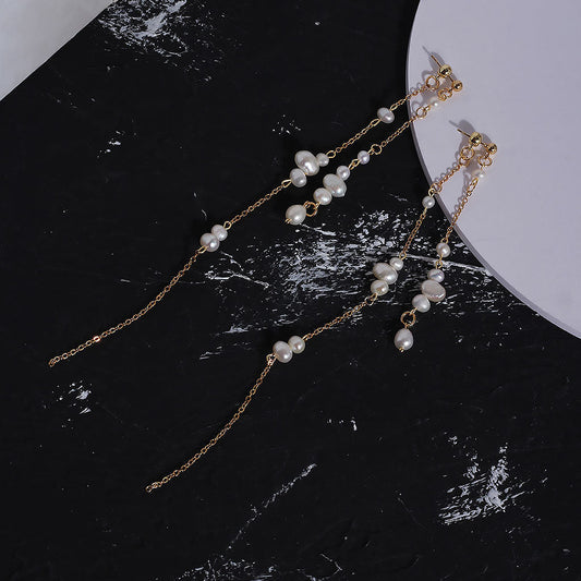 Two Tone Cable Chain Pearl Drop Earrings in 18K Gold Plated Chic Design