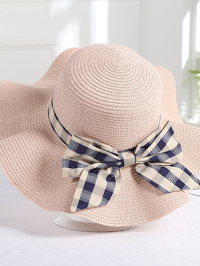 Hat Straw Hat Pink Khaki Beige Lawn Festival Braided Bow Print Ribbon bow Portable Windproof Breathable for Women
