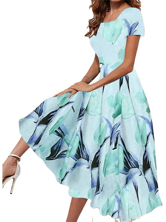 A Line Dress Knee Length Dress Pink Short Sleeve Floral Print Spring Summer Square Neck Elegant Vintage Loose S M L XL XXL for Women