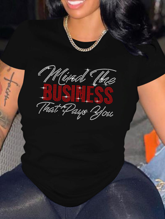 Camiseta informal de manga corta con cuello redondo y diamantes de imitación para mujer