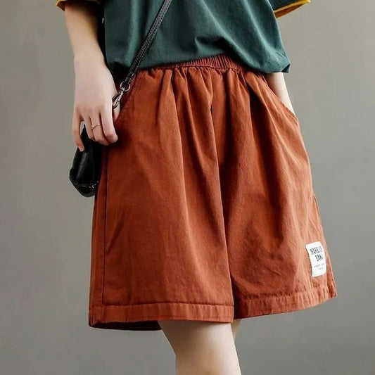 Pantalones cortos casuales de pierna ancha con cintura elástica y color sólido para mujer