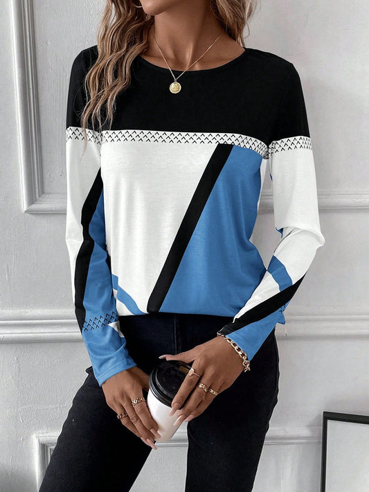 Women Fashion Casual Geometric Print Round Neck Long Sleeve T-Shirt