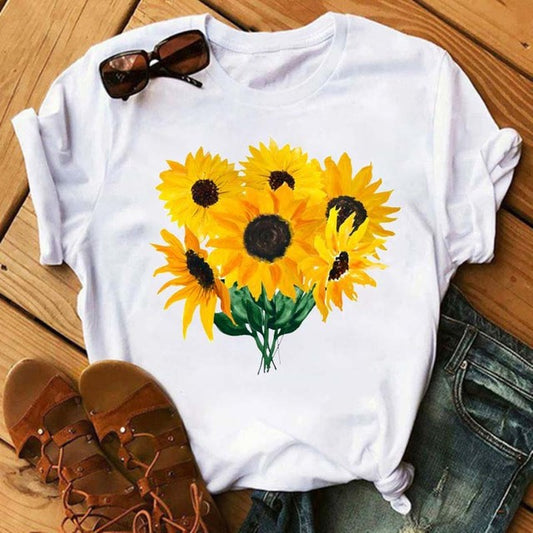 Camiseta informal de manga corta con estampado gráfico y cuello redondo para mujer