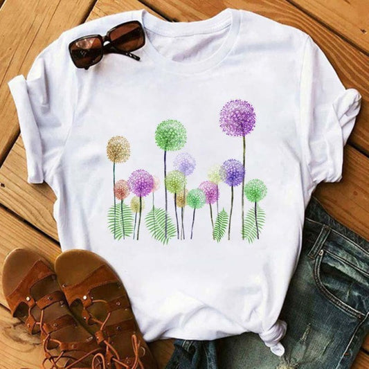 Camiseta informal de manga corta con estampado de diente de león para mujer