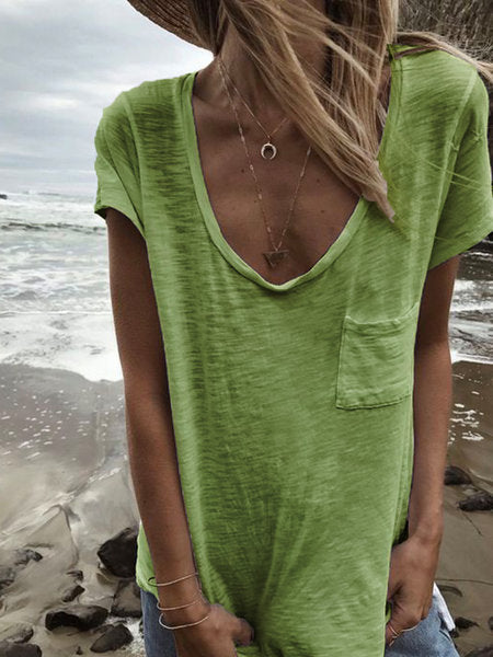 Camiseta básica de manga corta con cuello en U, color liso, informal, de talla grande para mujer