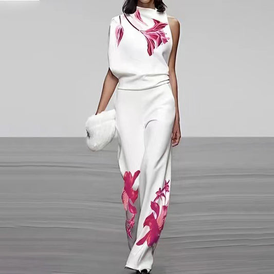 Conjunto de dos piezas con top y pantalones holgados sin mangas con estampado floral informal a la moda para mujer