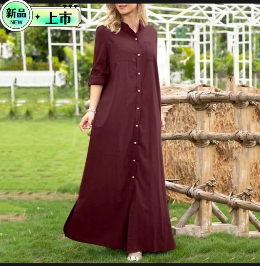 Women Casual Fshion Solid Color Long Sleeve Single-Breasted Maxi Shirt Dress
