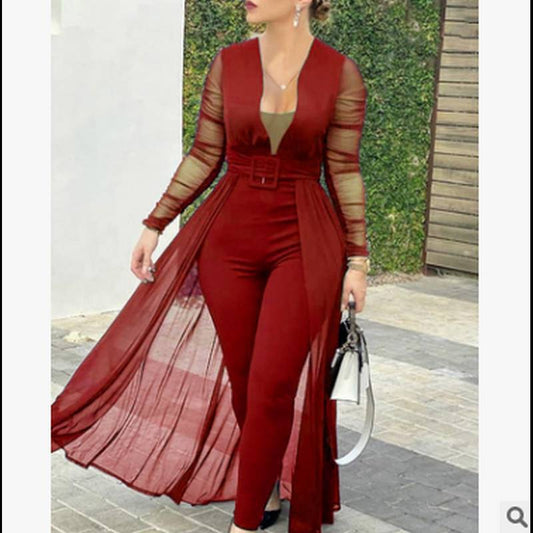 Women Casual Solid Color Deep V Long Sleeve Lace Stitching Jumpsuits
