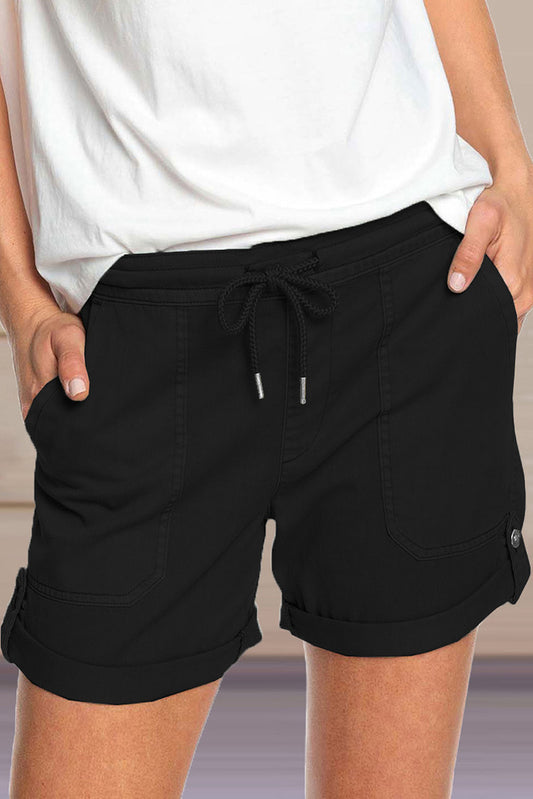 Pantalones cortos casuales de cintura elástica de color sólido a la moda para mujer