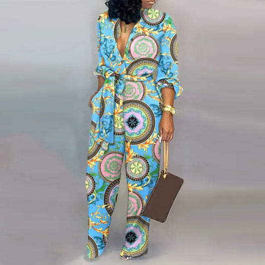 Women Fashion Loose Printed High Waist Casual Straight Jumpsuits