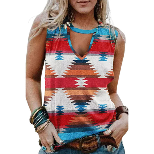 Western Women Fashion Casual V-Neck Geometric Print Sleeveless Vest Top