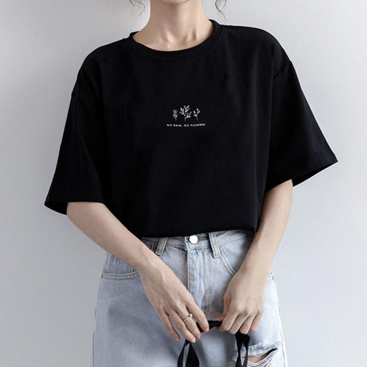 Camiseta informal de verano para mujer con estampado de plantas, cuello redondo y manga corta