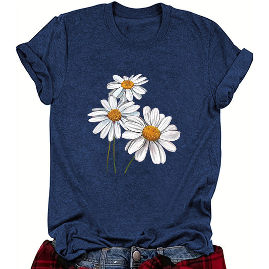 Camiseta informal de manga corta con cuello redondo y estampado de flores para mujer