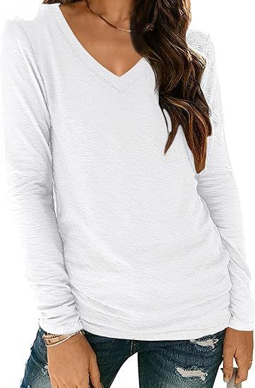 Camiseta informal de manga larga con cuello en V y color liso para mujer