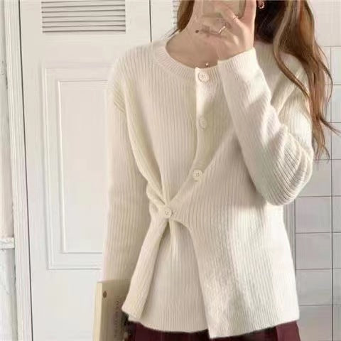 Suéter de punto de manga larga con hebilla oblicua de color liso informal para mujer de otoño e invierno
