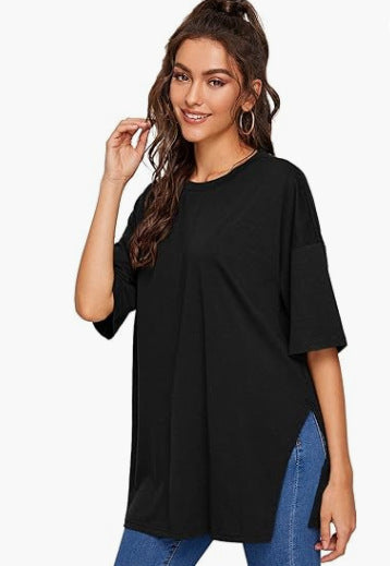 Summer Women Casual Solid Color Round Neck Short Sleeve Split T-Shirt