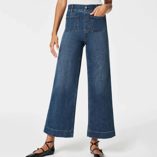 Vaqueros de pierna ancha y cintura alta con bolsillos sueltos e informales para mujer