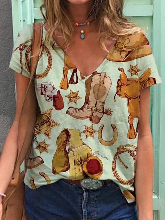 Women Fashion Casual Loose Printed V-Neck Short-Sleeve T-Shirt