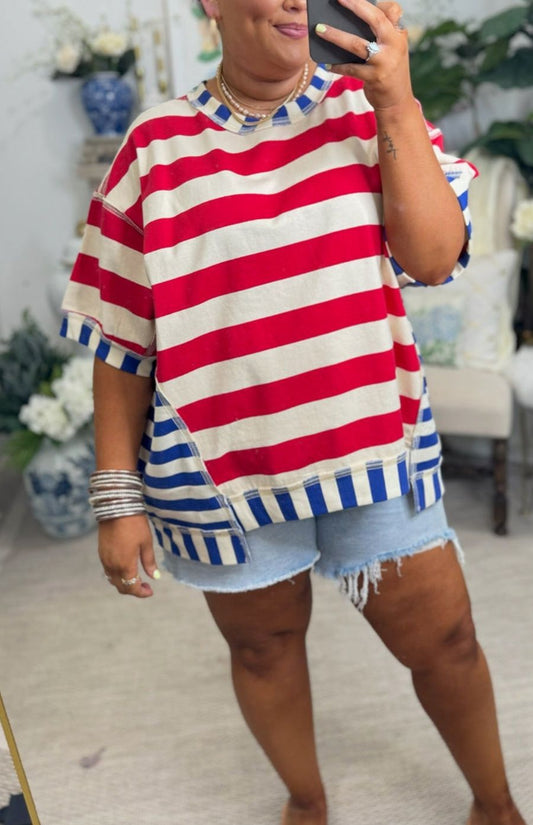 Camiseta informal holgada de verano con estampado de rayas y talla grande para mujer