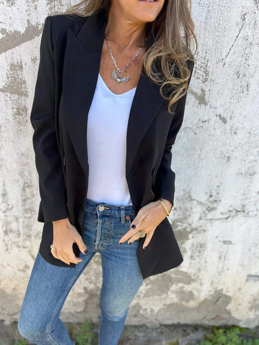 Chaqueta blazer informal de manga larga con solapa de color liso a la moda para mujer