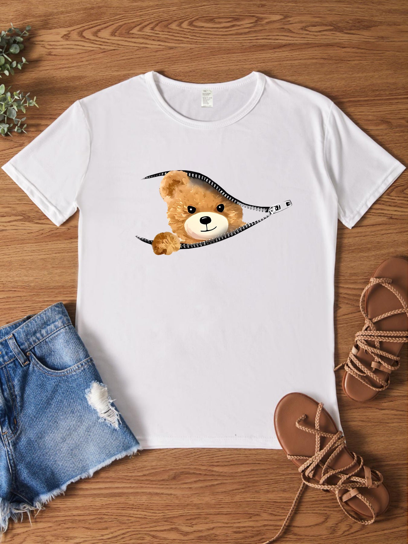 Camiseta informal de manga corta con cuello redondo y estampado de oso de dibujos animados para mujer, talla grande