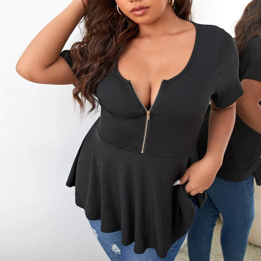 Women Fashion Casual Plus Size Solid Color Short-Sleeved Zipper Slim Fit T-Shirt