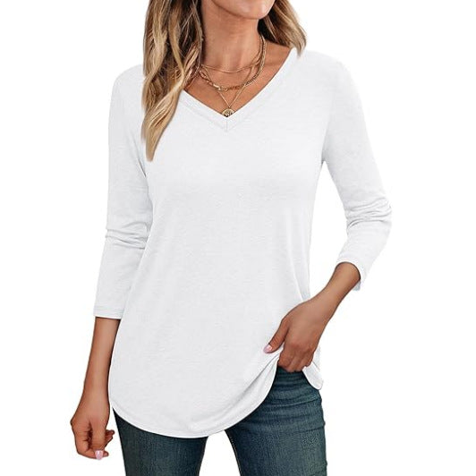 Camiseta informal de manga larga con cuello en V y color liso para mujer