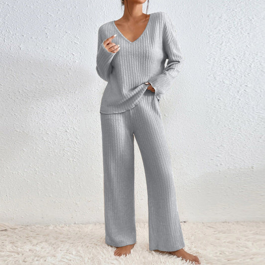 Conjunto informal de punto con cuello en V y manga larga de color liso para mujer
