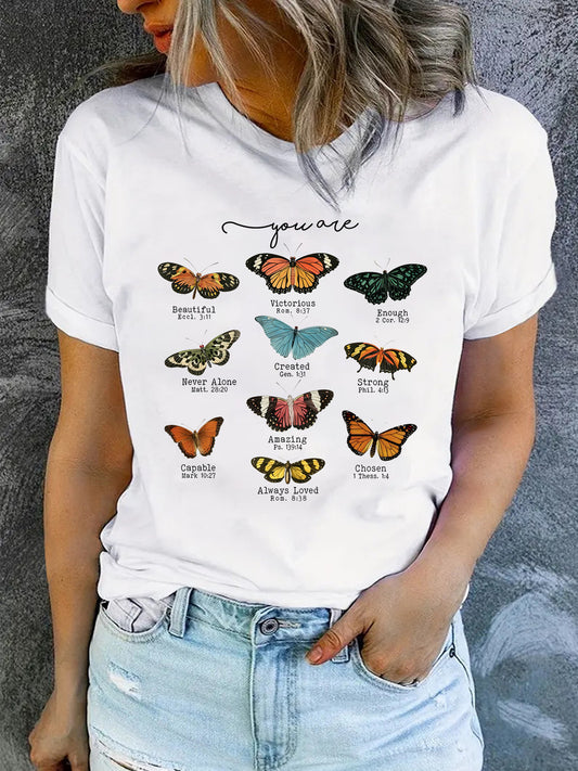 Camiseta informal holgada de manga corta con estampado de mariposas para mujer