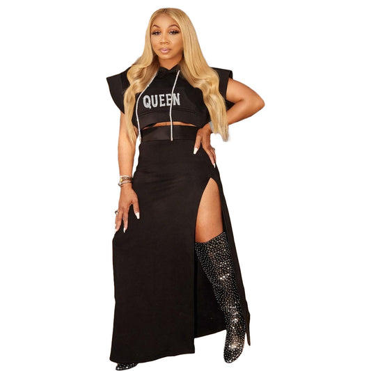 Women'S Fashion Rhinestone Print Sleeveless Cropped Top Casual Side Slit Skirt Set