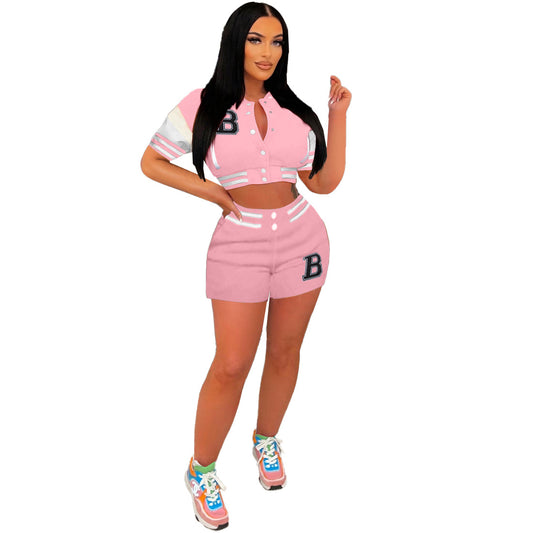 Conjunto deportivo de dos piezas para mujer, informal, de verano, con estampado de letras, botones, manga corta, abrigo y pantalones cortos, a la moda