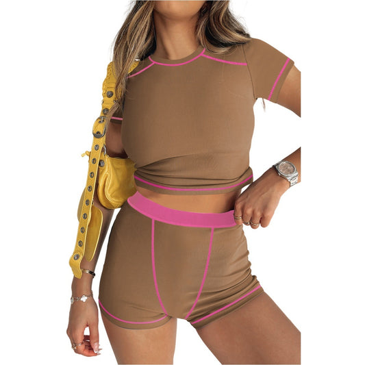 Women Fashion Casual Thread Contrast Color Short-Sleeve T-Shirt Tight Shorts Two-Piece Set