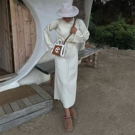 Vestido tipo suéter de punto informal de color liso con tirantes y cintura alta y manga larga para mujer, otoño e invierno