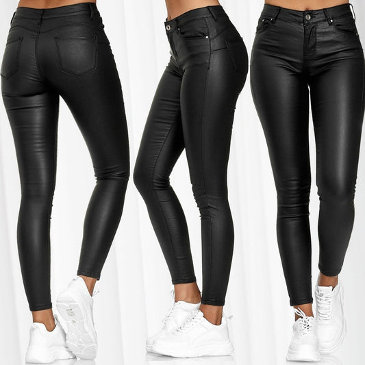 Women Spring Solid Color PU Leather Casual Pants