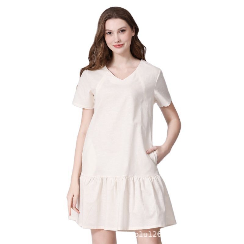 Vestido de lactancia de algodón y lino de manga corta informal de moda de verano para mujeres embarazadas