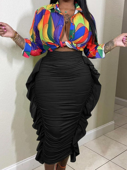 Falda ajustada con volantes de color liso informal a la moda para mujer