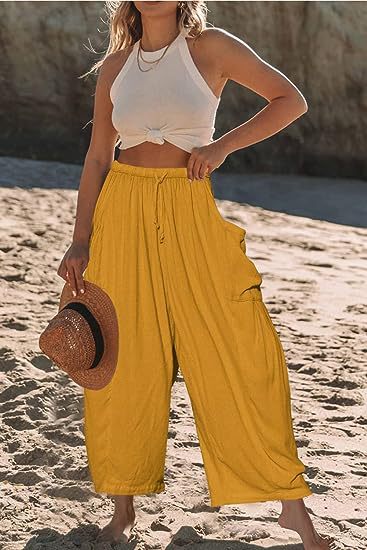 Women Fashion Casual Cotton Linen High Waist Wide Leg Pants
