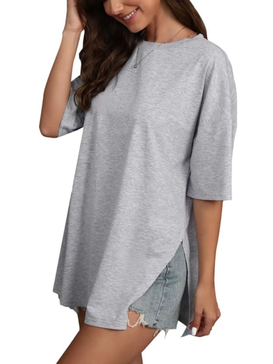 Summer Women Casual Solid Color Round Neck Short Sleeve Split T-Shirt