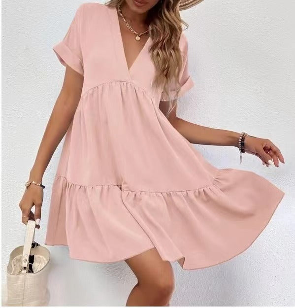Vestido informal de verano para mujer, con escote en V y manga corta, estilo swing grande
