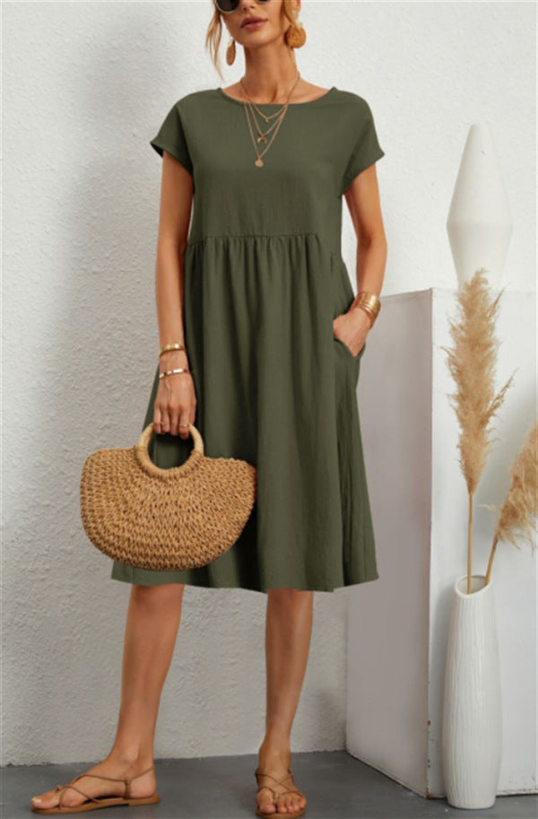 Vestido informal de verano de manga corta con cuello redondo y color liso para mujer