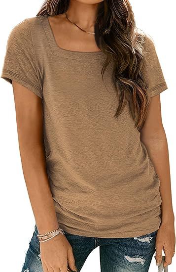 Camiseta informal de verano para mujer, con cuello cuadrado, color liso, manga corta y sin mangas