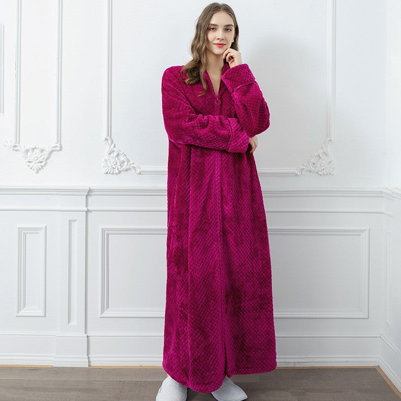 Couples Winter Fashion Casual Home Solid Color Flannel V Neck Long Sleeve Zipper Robes Sleepwear
