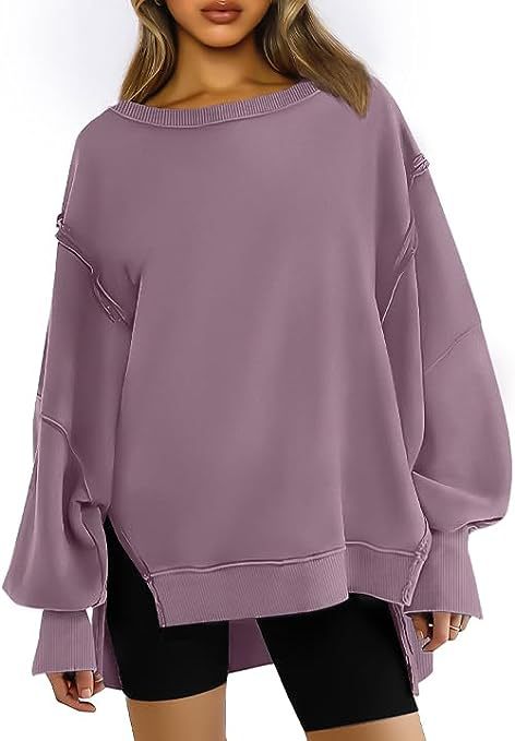 Women Fashion Casual Solid Color Round Neck Split Sweatshirt