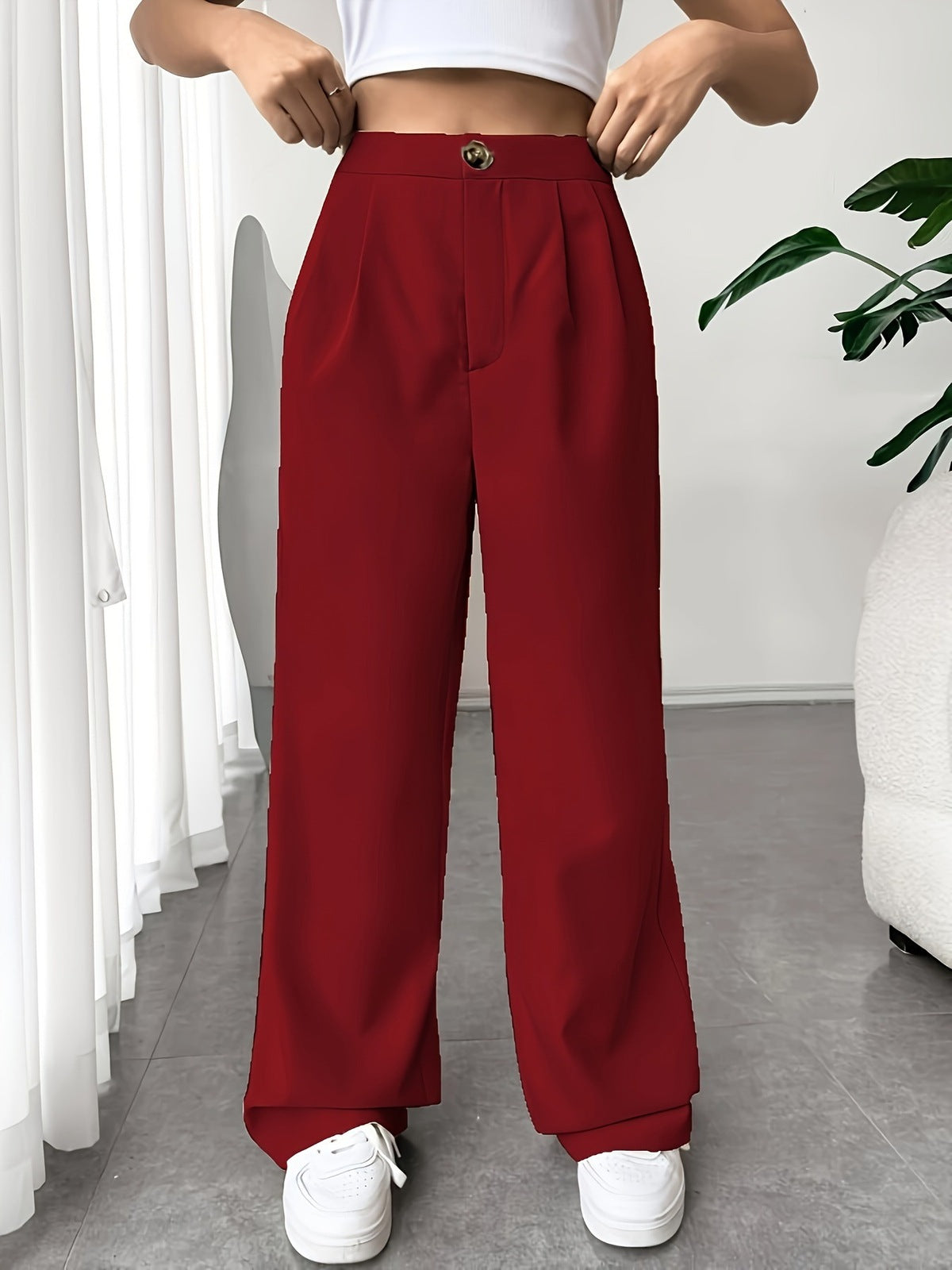 Pantalones rectos holgados con cintura alta y drapeados casuales a la moda para mujer