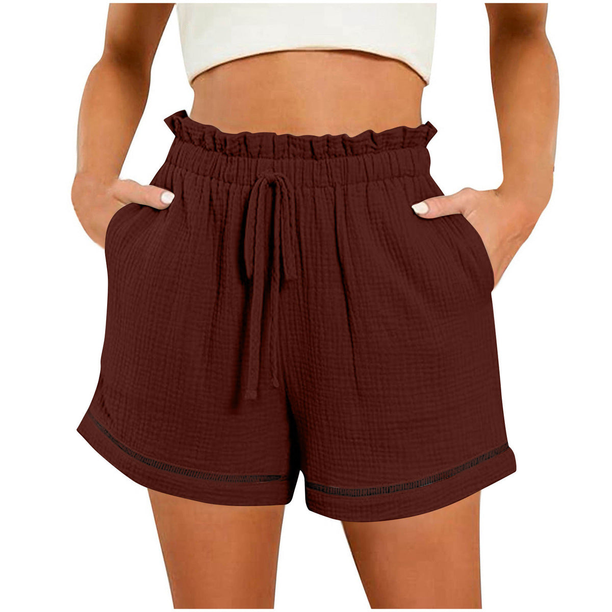 Women Fashion Casual Solid Color High Waist Lace-Up Wide-Leg Shorts