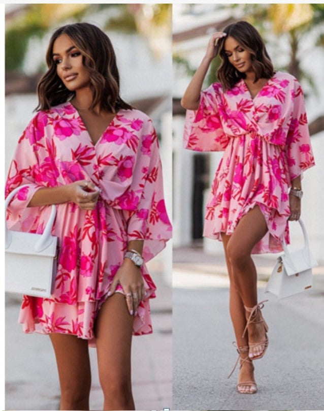 Women Fashion Casual Geometric Printing Batwing Sleeve V Neck Dress